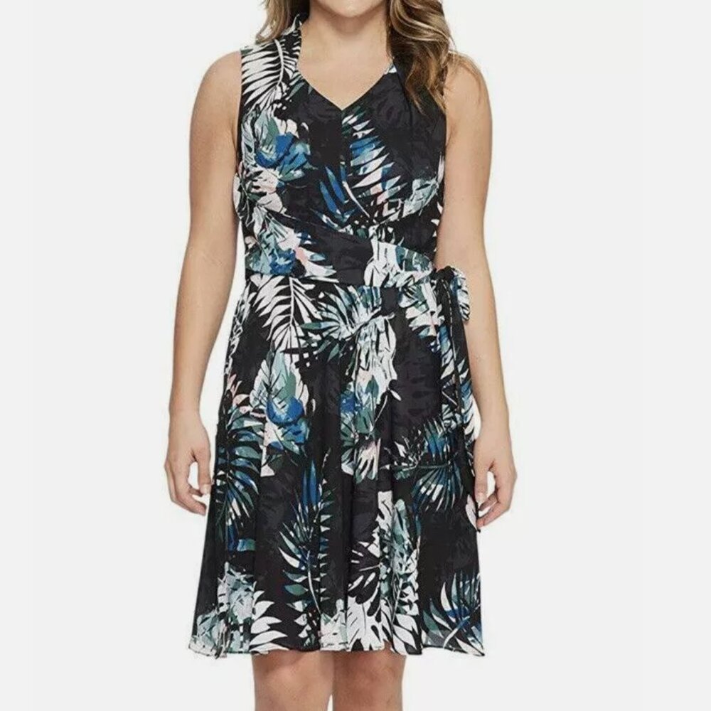 NWT $134 Tahari by ASL Women's Black Palm Floral Print Wrap Dress Size 4